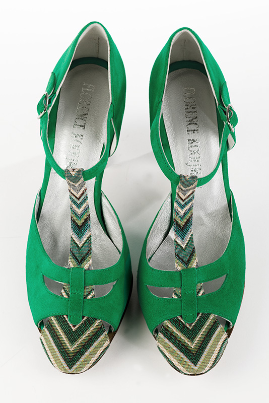 Emerald green women's T-strap open side shoes. Round toe. Very high block heels. Top view - Florence KOOIJMAN